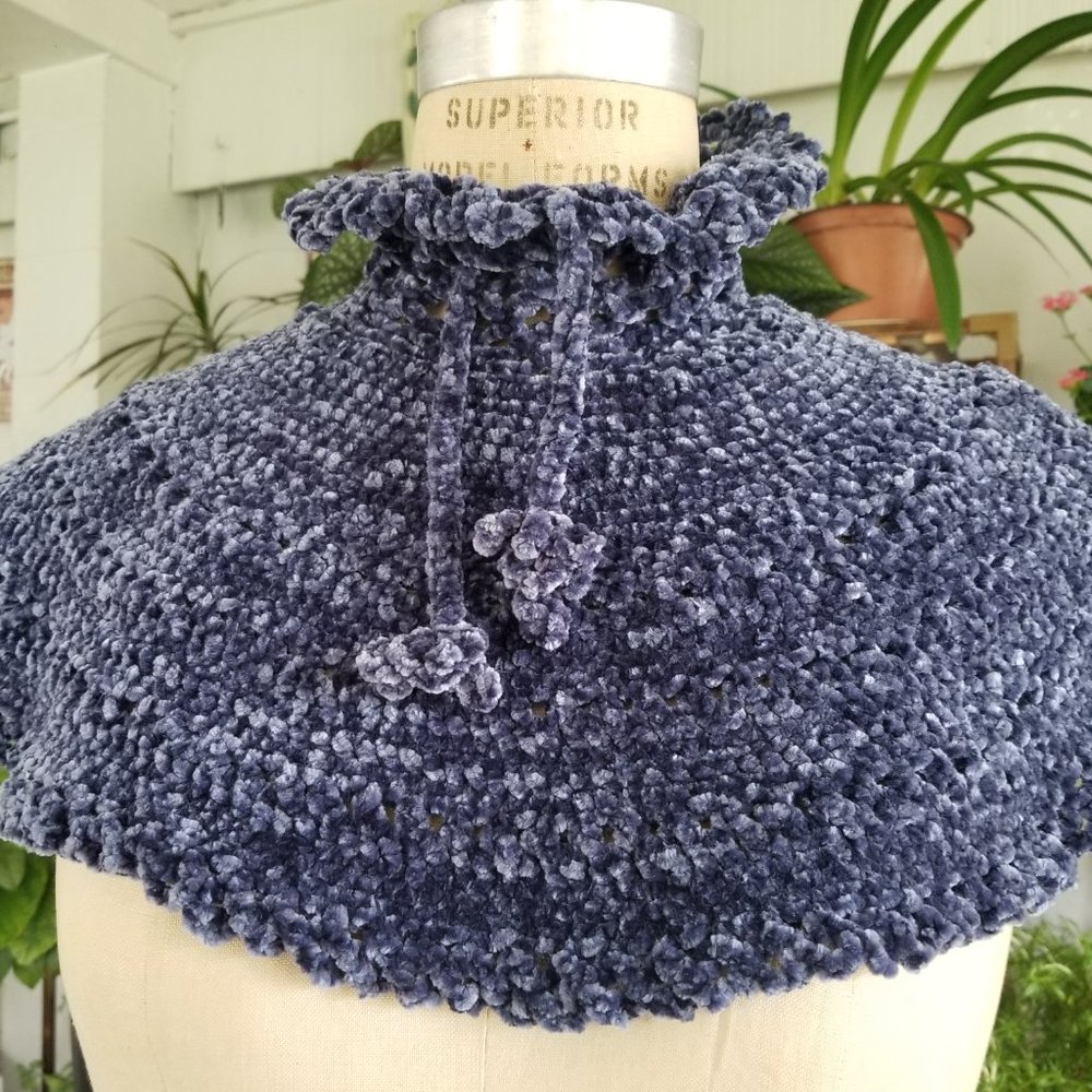 Crochet VELVET NECK WARMER SHAWL Indigo Blue SM MED Handmade
